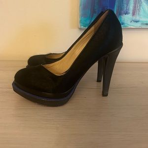 Cole Haan Black Cow Fur heels with Blue Trim.